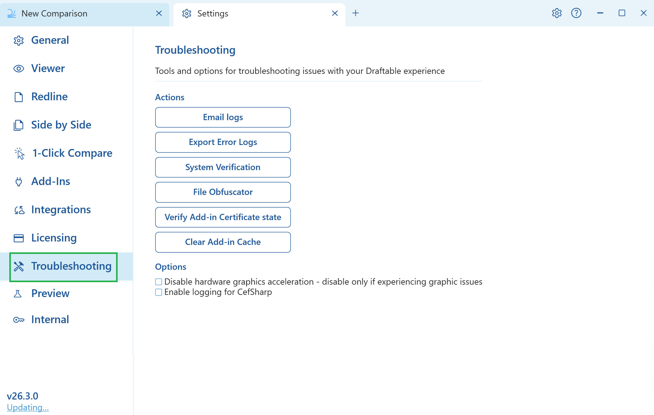 Troubleshooting settings in Draftable Legal v26.3 showing the Clear Add-in Cache button