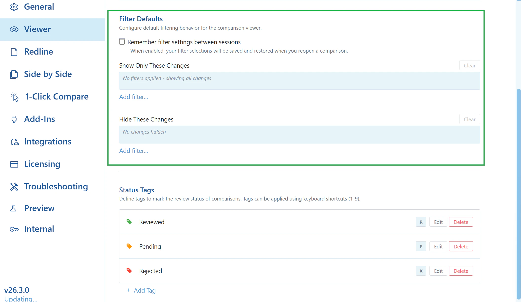 Filter Defaults in Viewer Settings