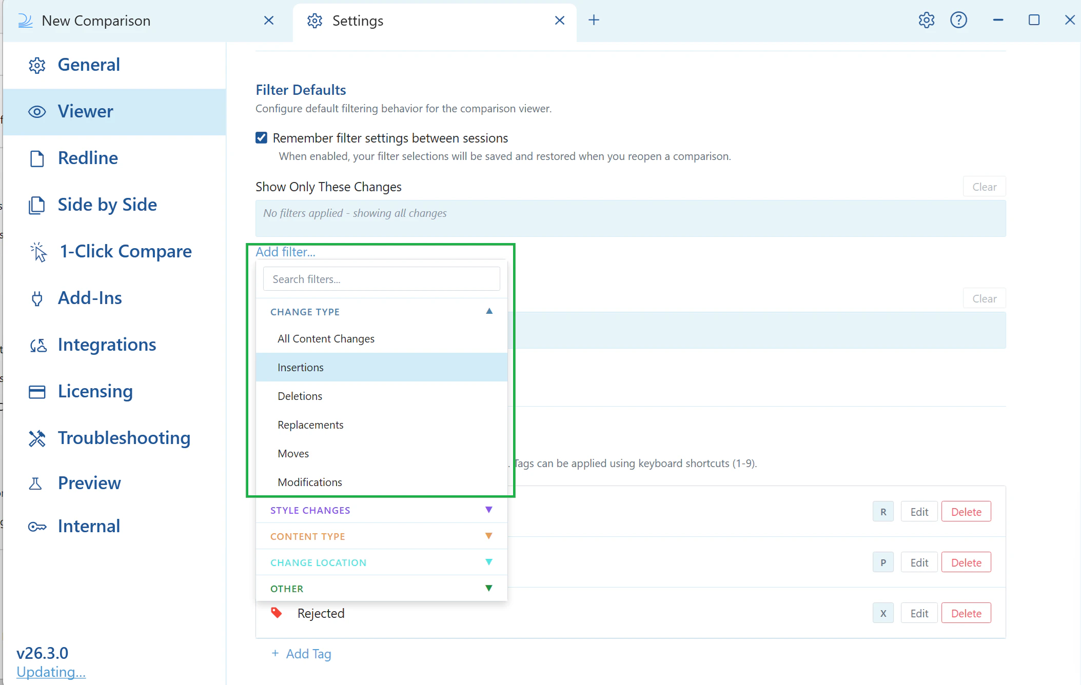 Filter categories available for default filters
