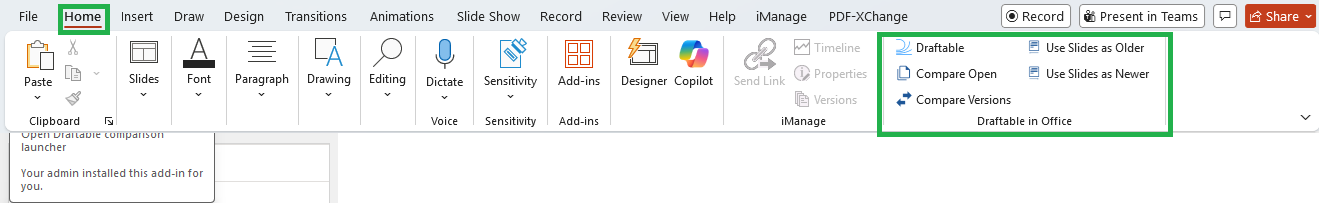Draftable in Office add-in in the Home tab of Microsoft PowerPoint