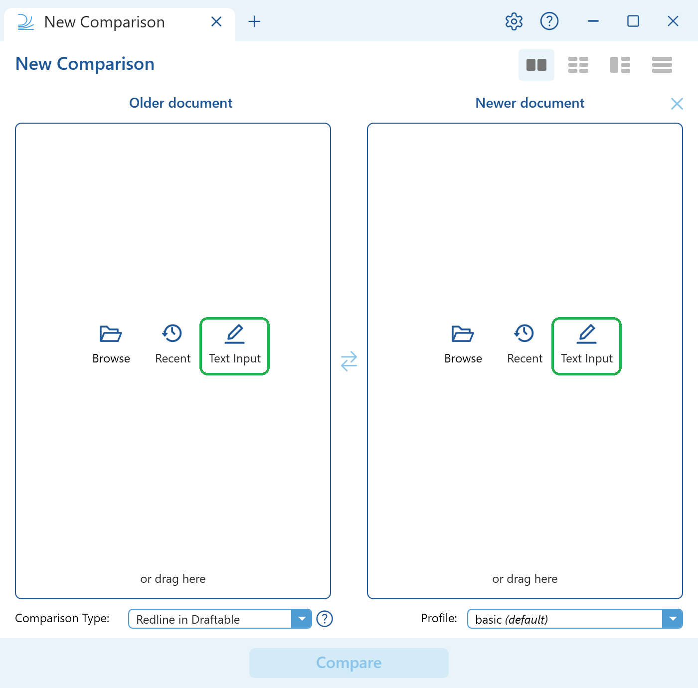 The New Comparison screen with the Text Input option highlighted on both the older and newer document panes