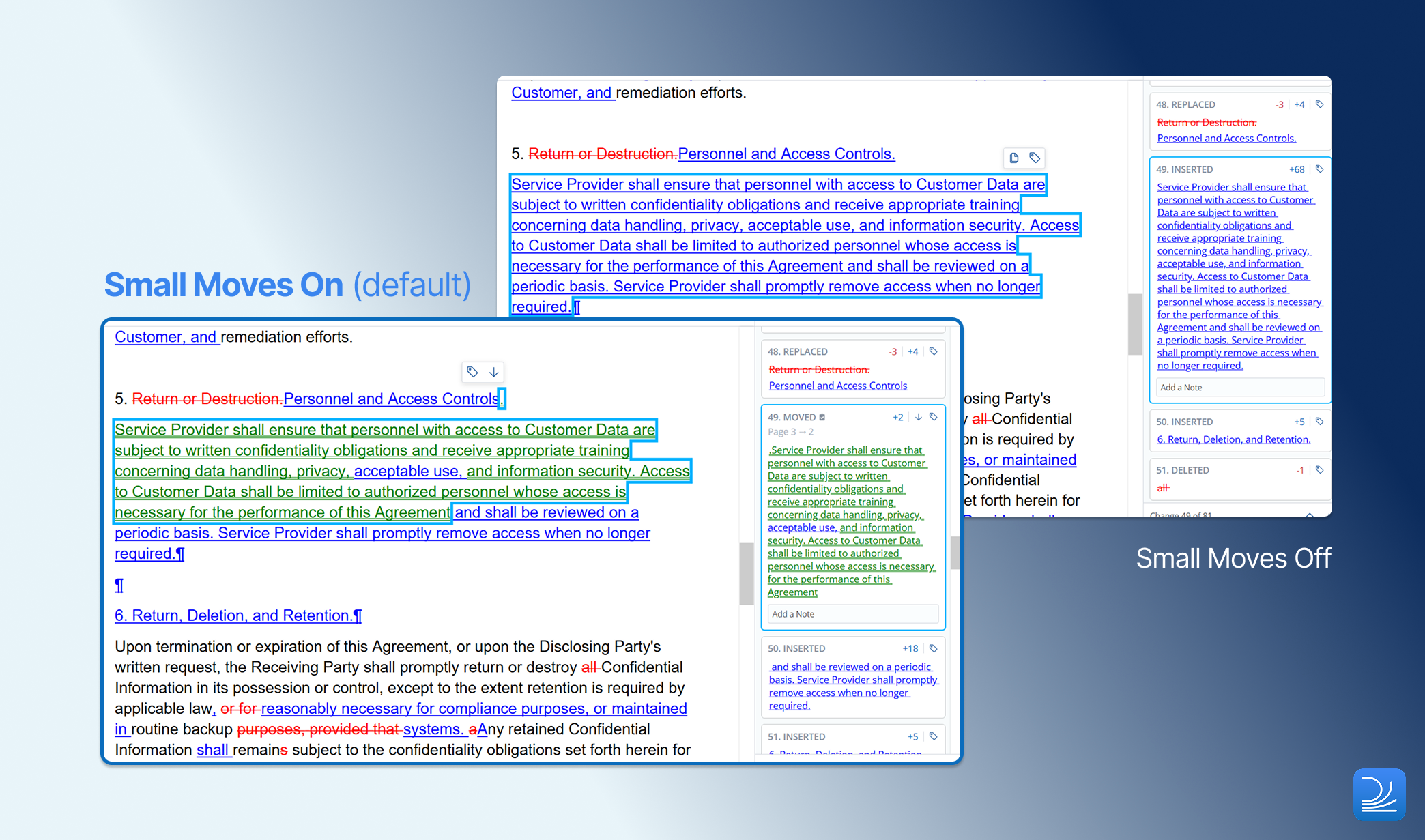 Suppress small moves in larger edits