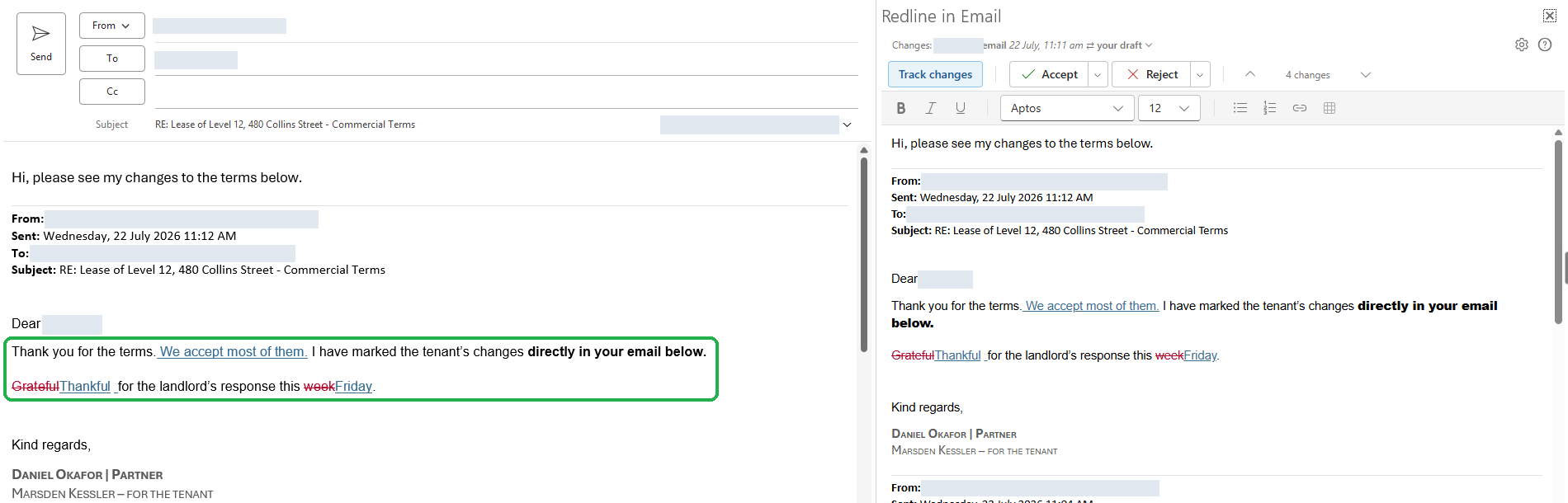 A reply draft after Apply to Email, with the redlined paragraph highlighted in the Outlook message body and the task pane still open