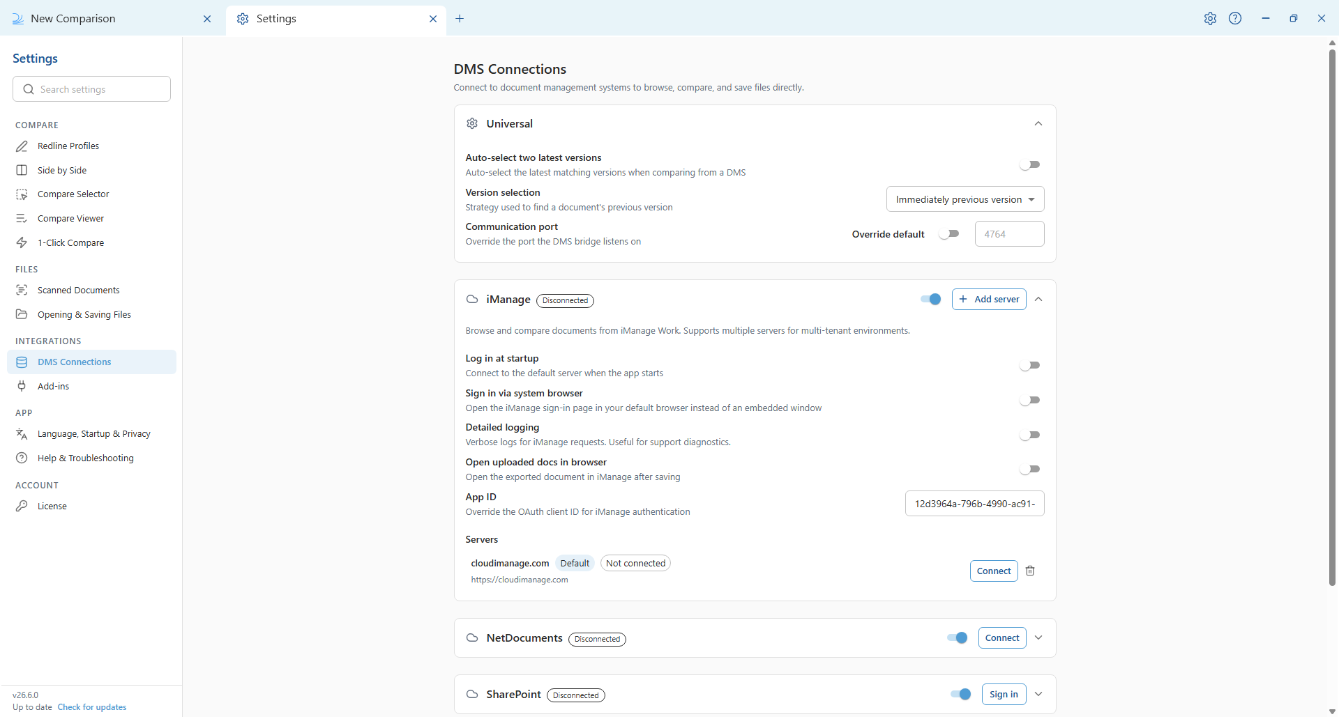 The iManage accordion under DMS Connections in Draftable Legal 26.6, showing the server list