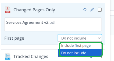 The First page dropdown open on the Changed Pages Only output, showing Include first page and Do not include