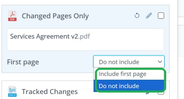 The First page dropdown open on the Changed Pages Only output, showing Include first page and Do not include
