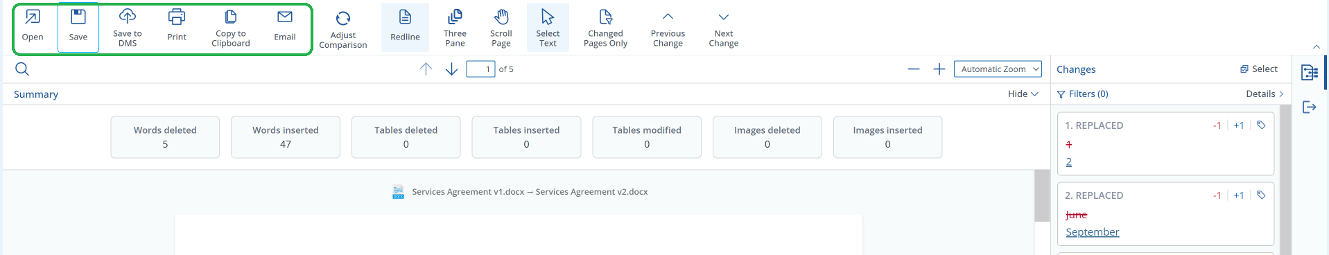 The comparison viewer ribbon, with the output buttons Open, Save, Save to DMS, Print, Copy to Clipboard and Email highlighted