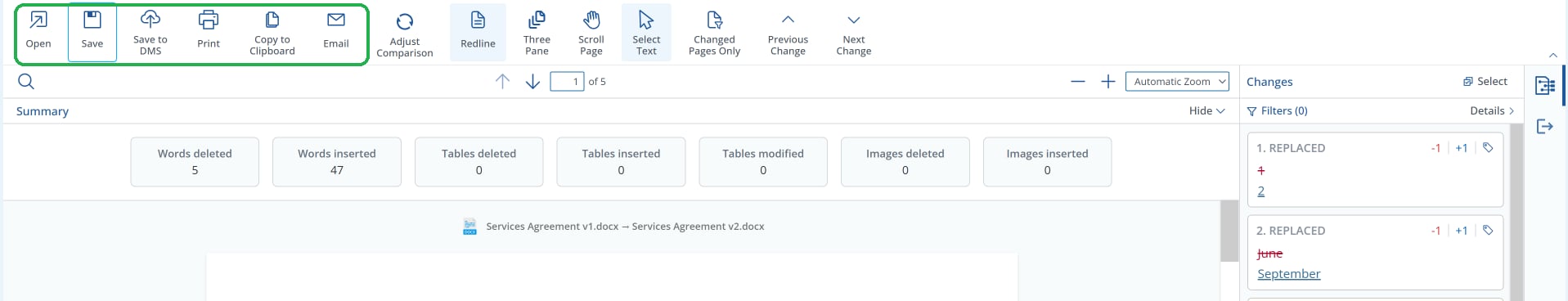 The comparison viewer ribbon, with the output buttons Open, Save, Save to DMS, Print, Copy to Clipboard and Email highlighted