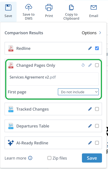 The Comparison Results panel with a checkbox for each output and the Changed Pages Only row expanded