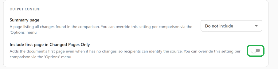 The Include first page in Changed Pages Only switch under Output content in Settings, Opening and Saving Files