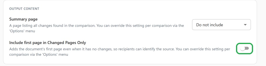The Include first page in Changed Pages Only switch under Output content in Settings, Opening and Saving Files