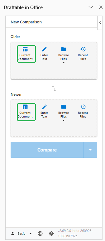 Draftable in Office 2.69 comparison panel in Excel with spreadsheet document icons