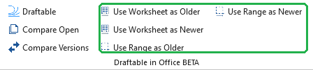 Draftable in Office 2.69 Excel ribbon with worksheet and range comparison buttons