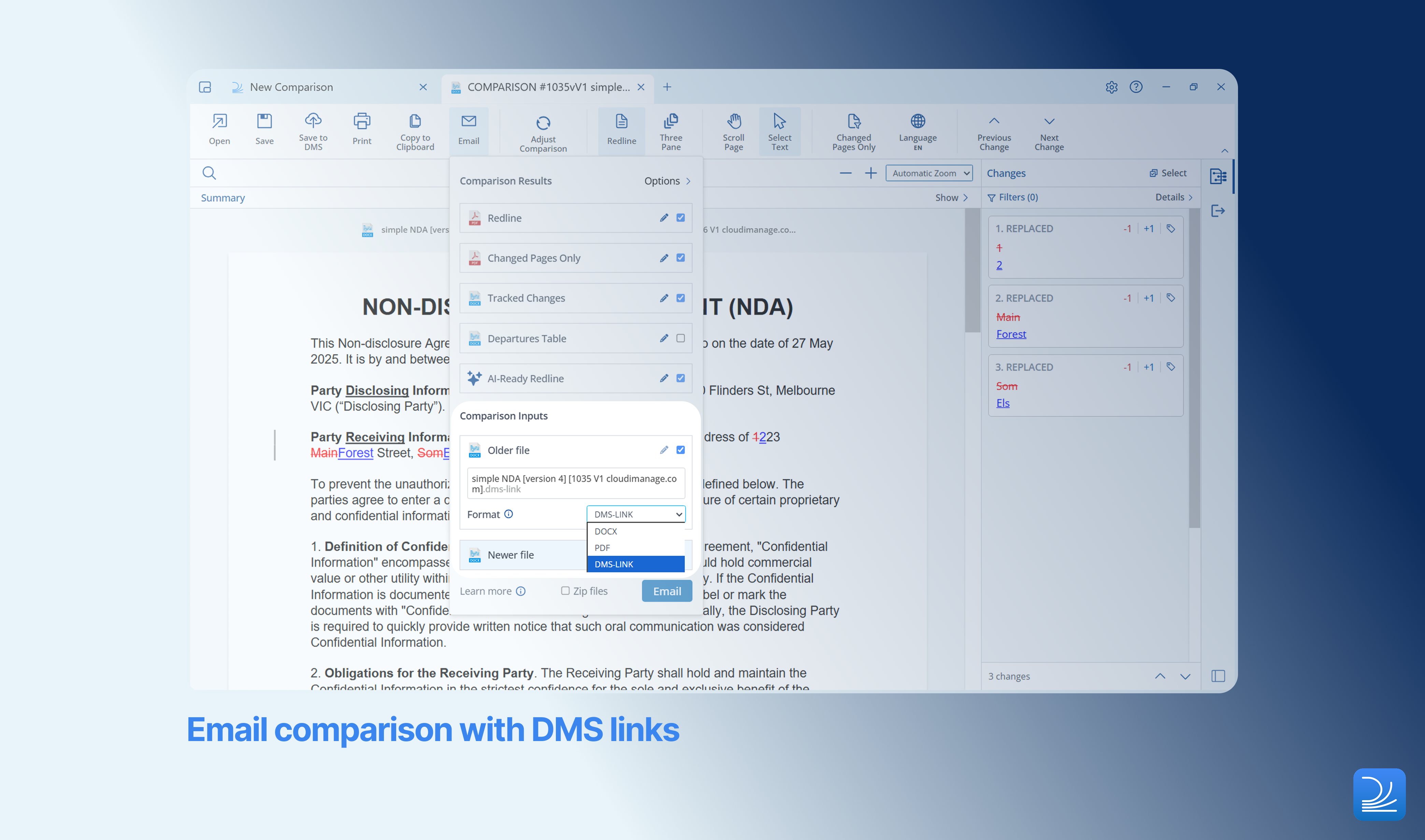Email comparison with DMS links