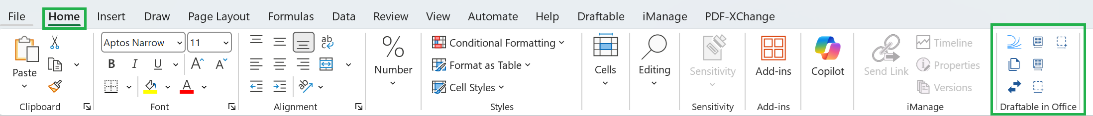 Draftable in Office add-in in the Home tab of Microsoft Excel