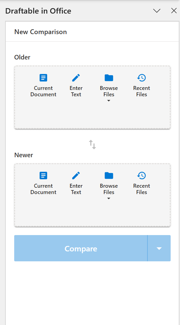 Draftable panel in Excel showing Older and Newer selection options
