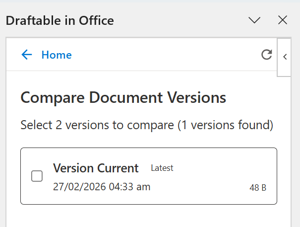 Compare Document Versions panel showing spreadsheet version history