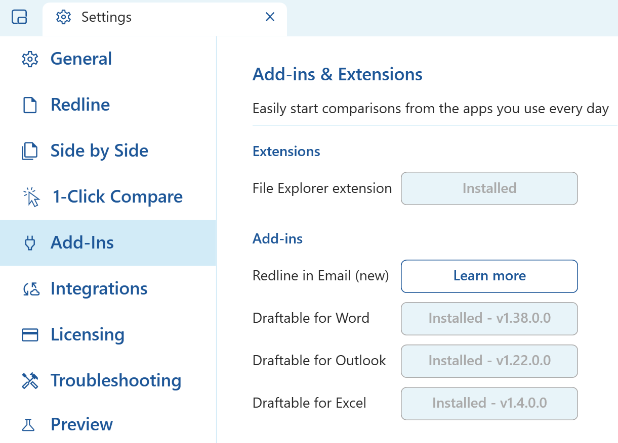 Draftable Legal Add-ins tab showing add-in status