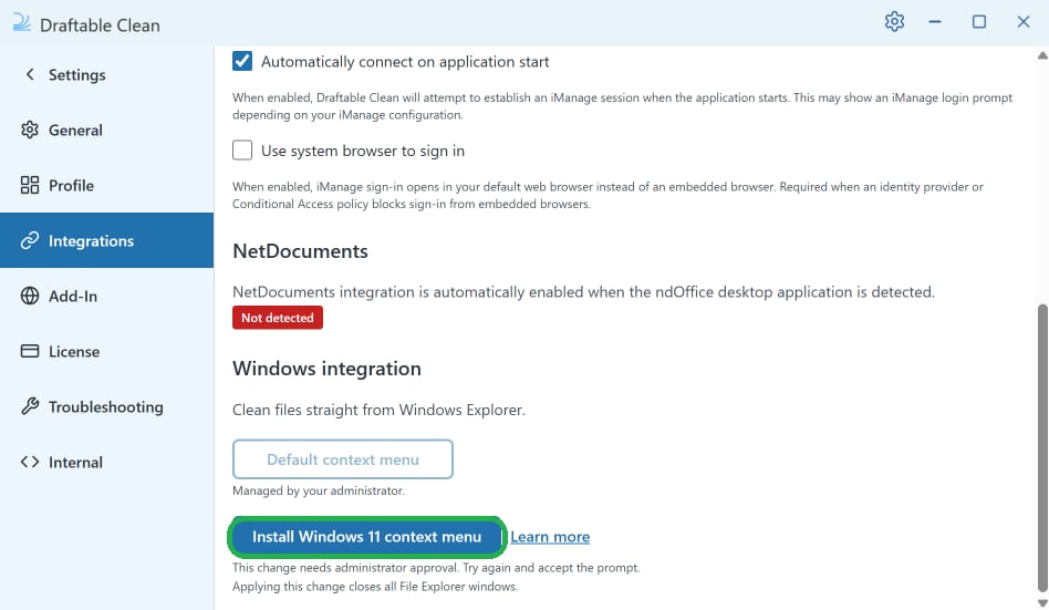 Draftable Clean settings on the Integrations panel, showing the Windows integration section and the Install Windows 11 context menu button