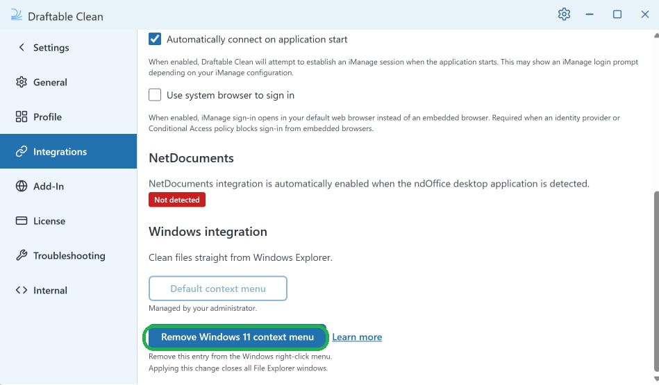 The Windows integration section now showing a Remove Windows 11 context menu button, confirming the menu is installed