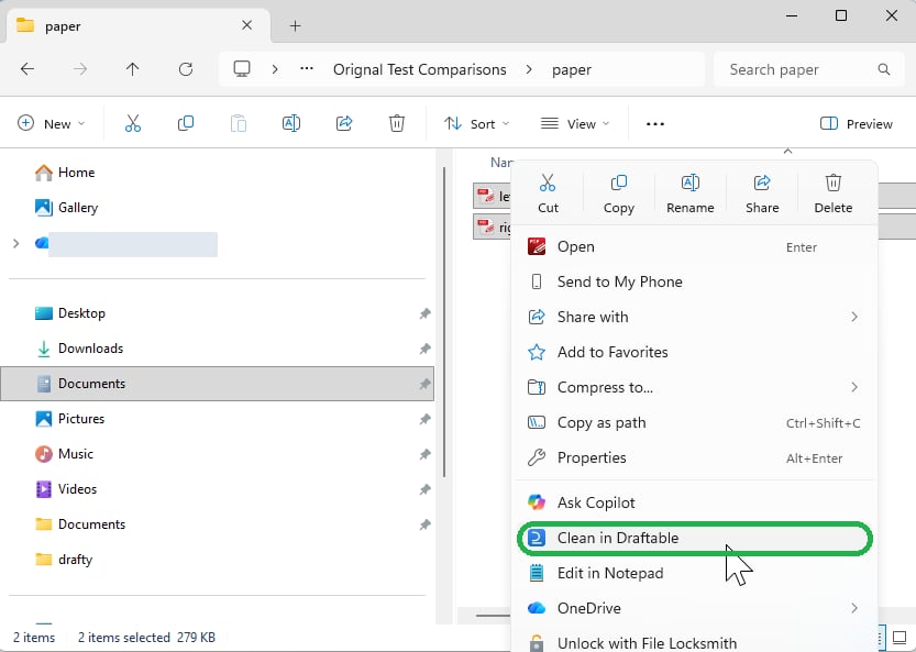Windows 11 right-click menu showing the Clean in Draftable command on selected files in File Explorer