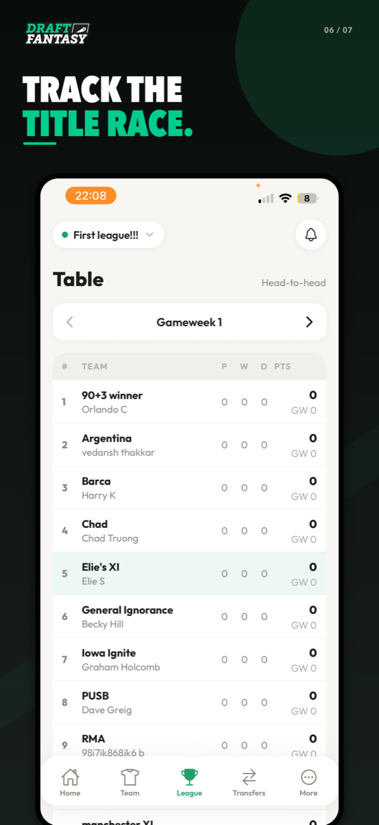 League table in the iPhone app