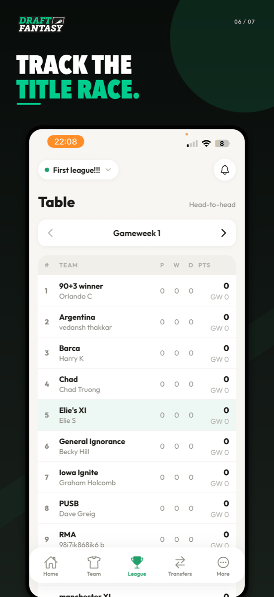 League table in the iPhone app