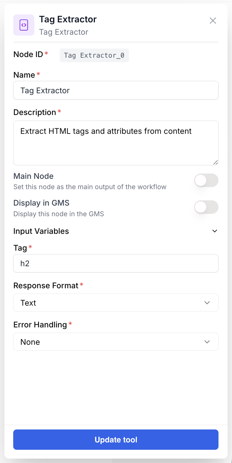 Example Tag Extractor configuration (tag, format, error handling)