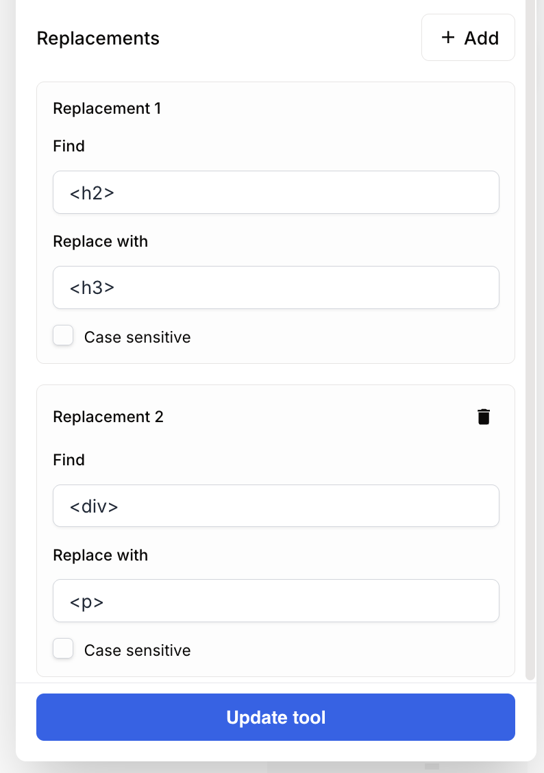 Example configuration with two rules: replacing h2 with h3, and div with paragraphs