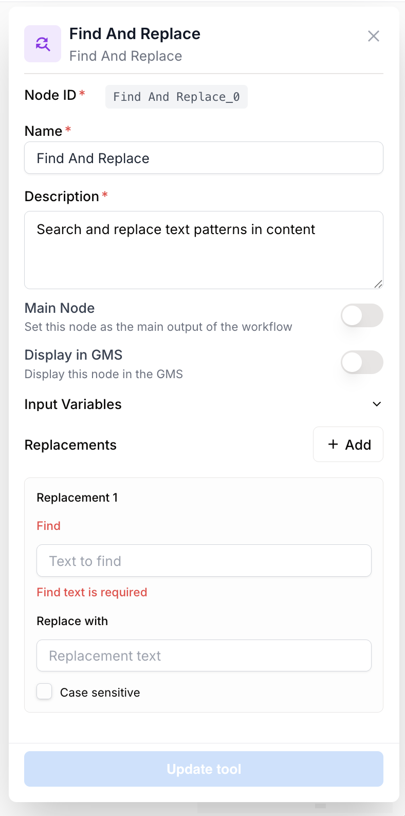 Find and Replace node configuration panel with empty fields for setting up search and replace