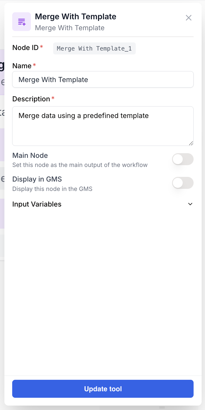 Merge node settings panel showing ID, Name, Description and display options