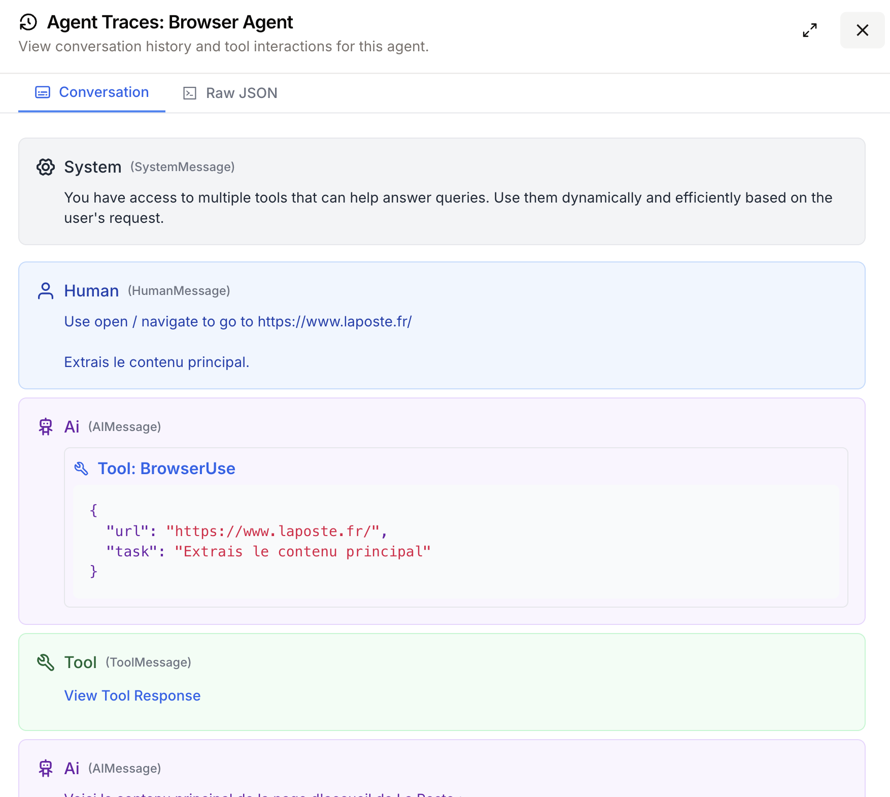 Agent trace detail showing conversation history