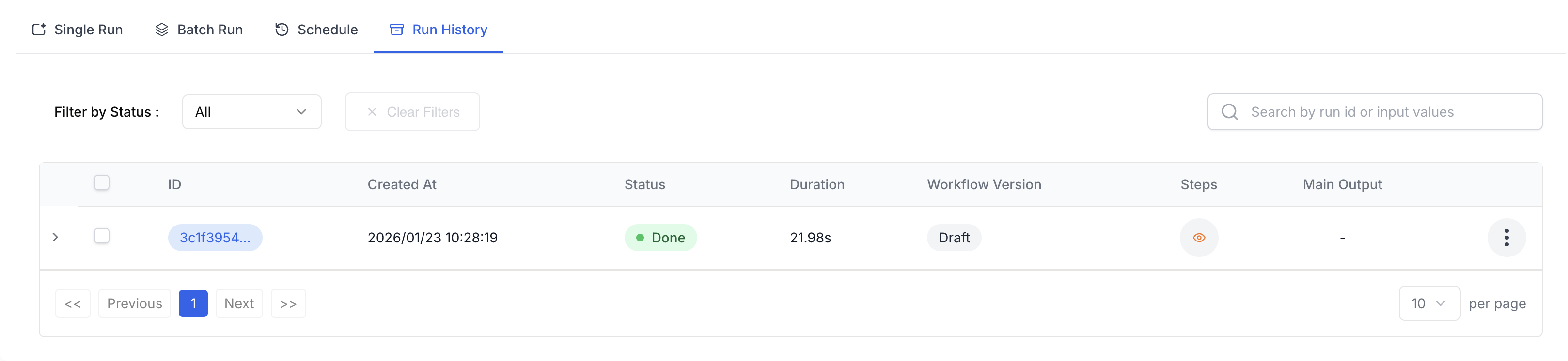 Run History tab showing past workflow executions