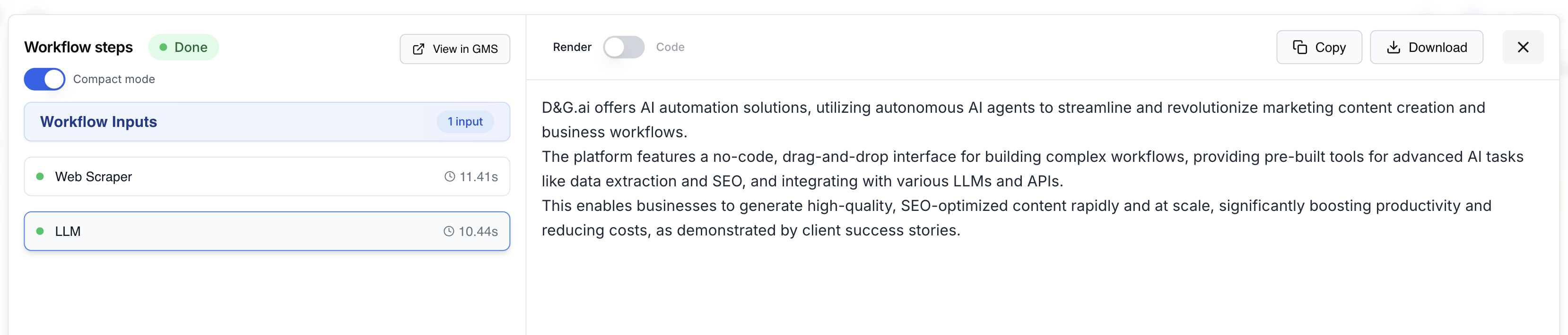 Workflow steps panel showing detailed execution