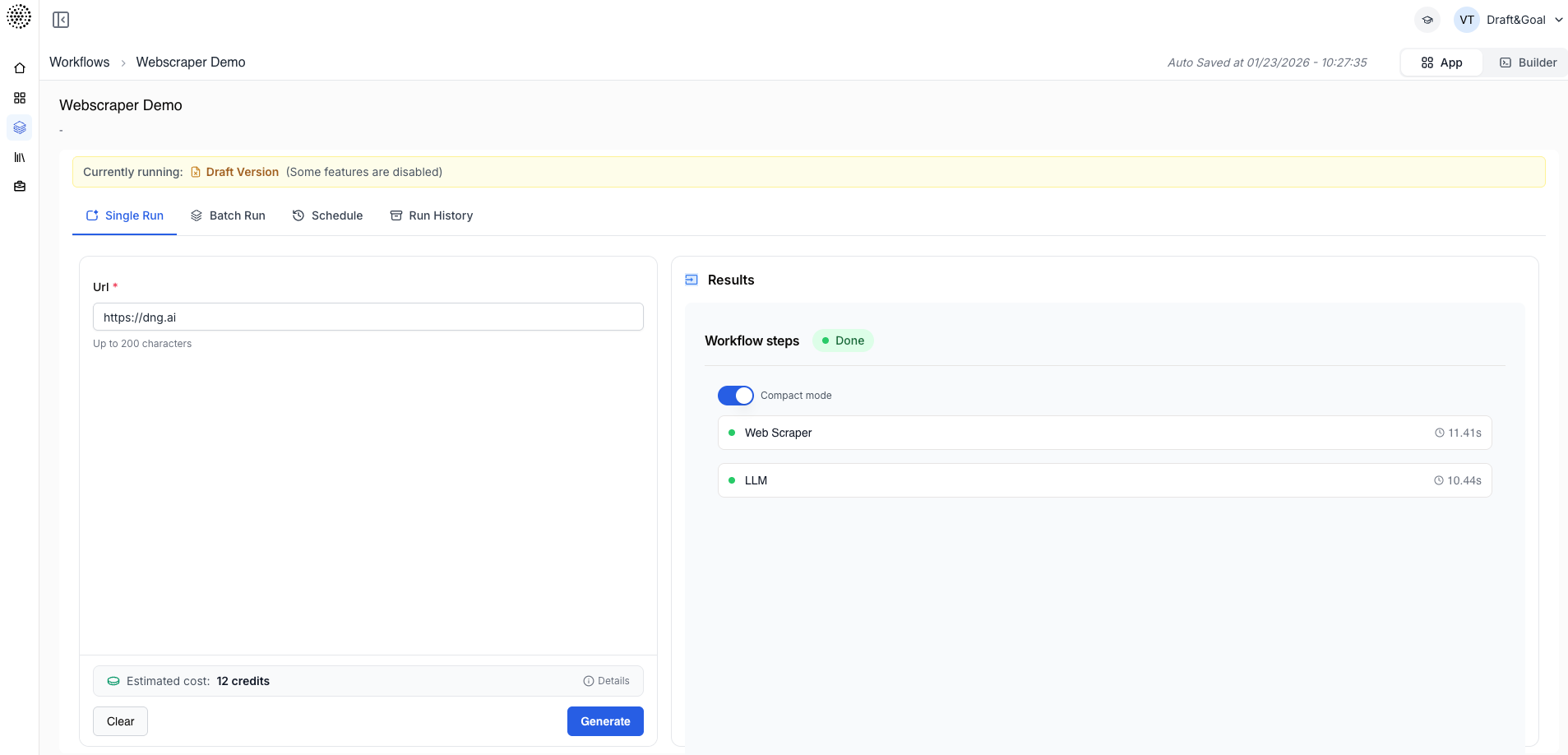 App interface - Running a workflow