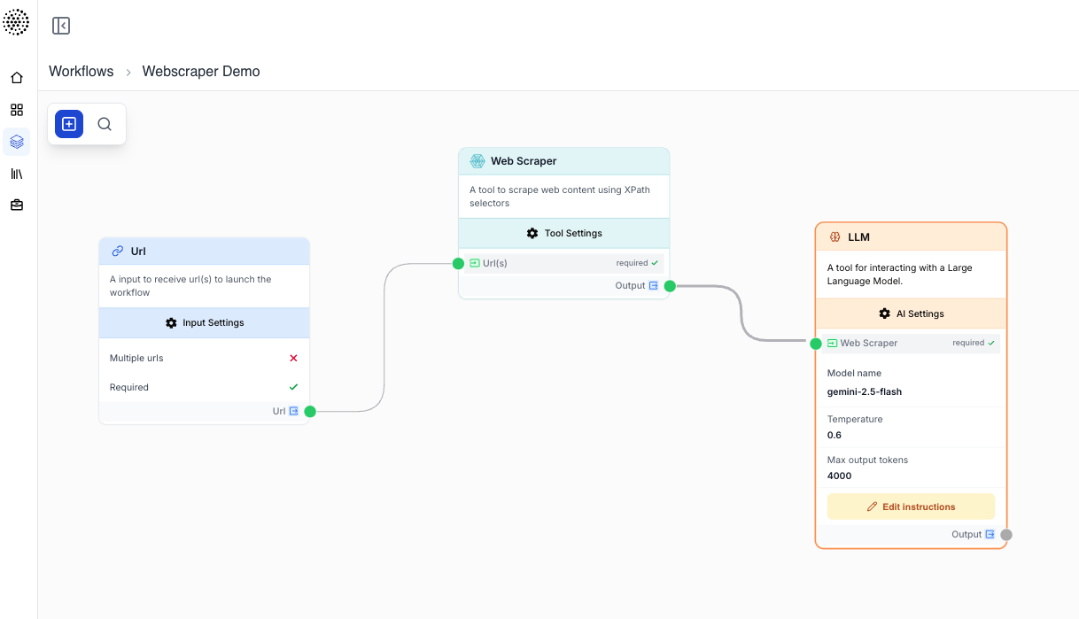 Text input connected to Web Scraper node