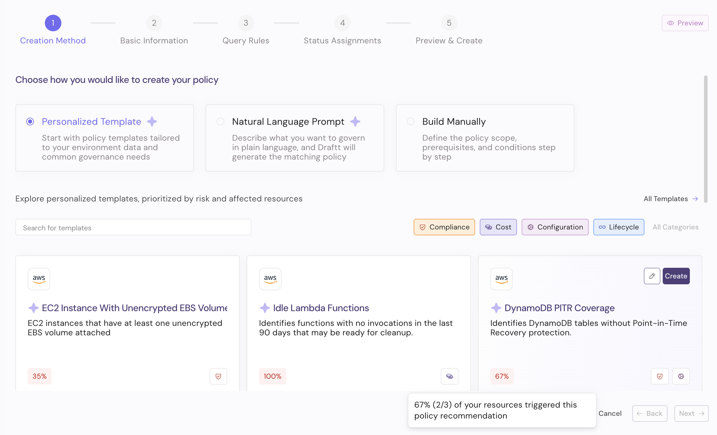 Guided Policy Creation screen with Personalized Template, Natural Language Prompt, and Build Manually options.