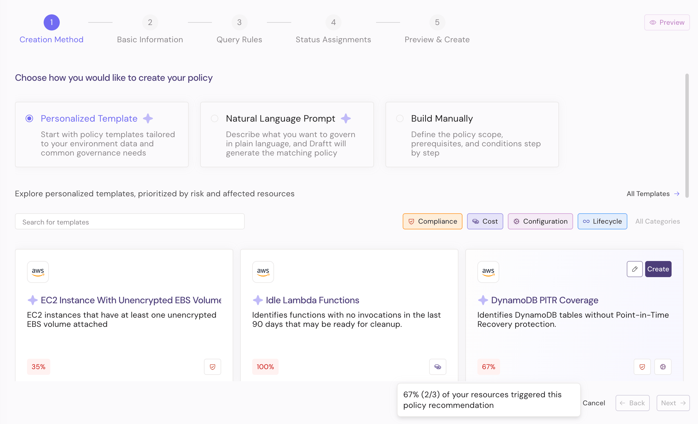 Guided Policy Creation screen with Personalized Template, Natural Language Prompt, and Build Manually options.