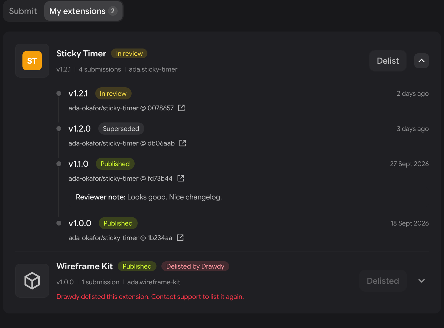 The My extensions tab listing Sticky Timer with its submission history, each version showing a status badge, the repository and commit, and a reviewer note, and Wireframe Kit marked Delisted by Drawdy.