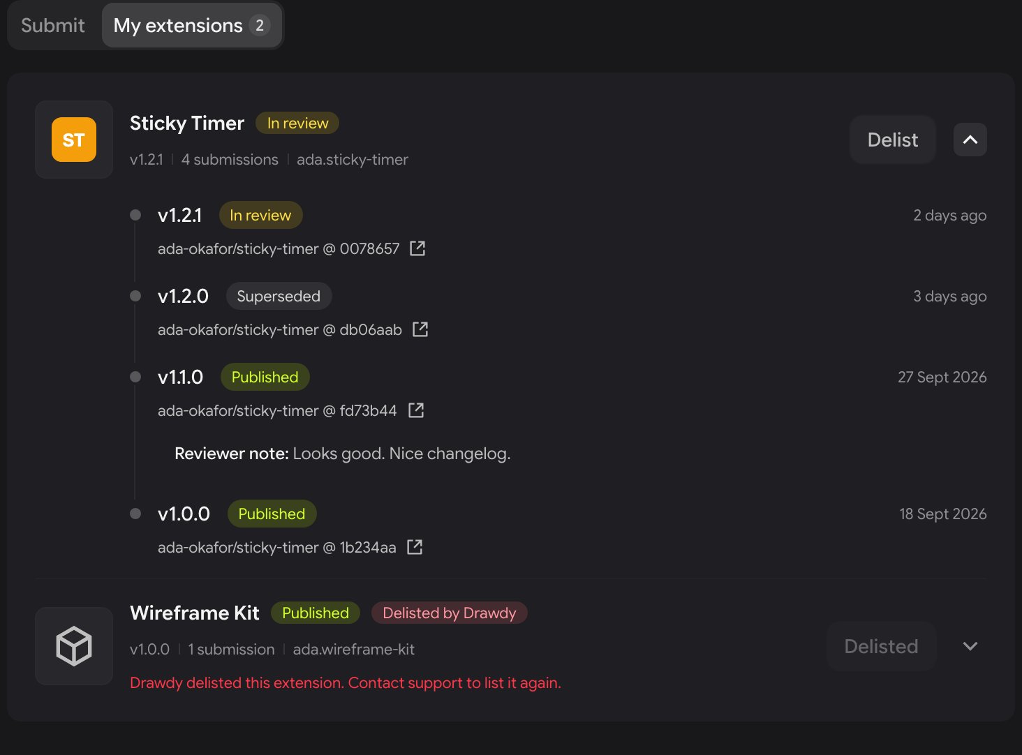 The My extensions tab listing Sticky Timer with its submission history, each version showing a status badge, the repository and commit, and a reviewer note, and Wireframe Kit marked Delisted by Drawdy.