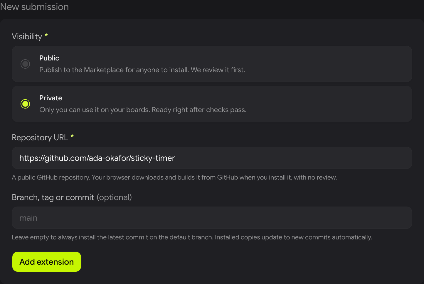 The New submission form with Visibility set to Private, a Repository URL, an empty Branch, tag or commit field, and an Add extension button.