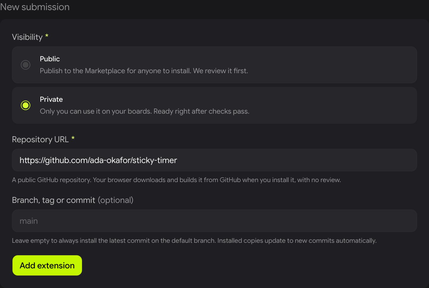 The New submission form with Visibility set to Private, a Repository URL, an empty Branch, tag or commit field, and an Add extension button.