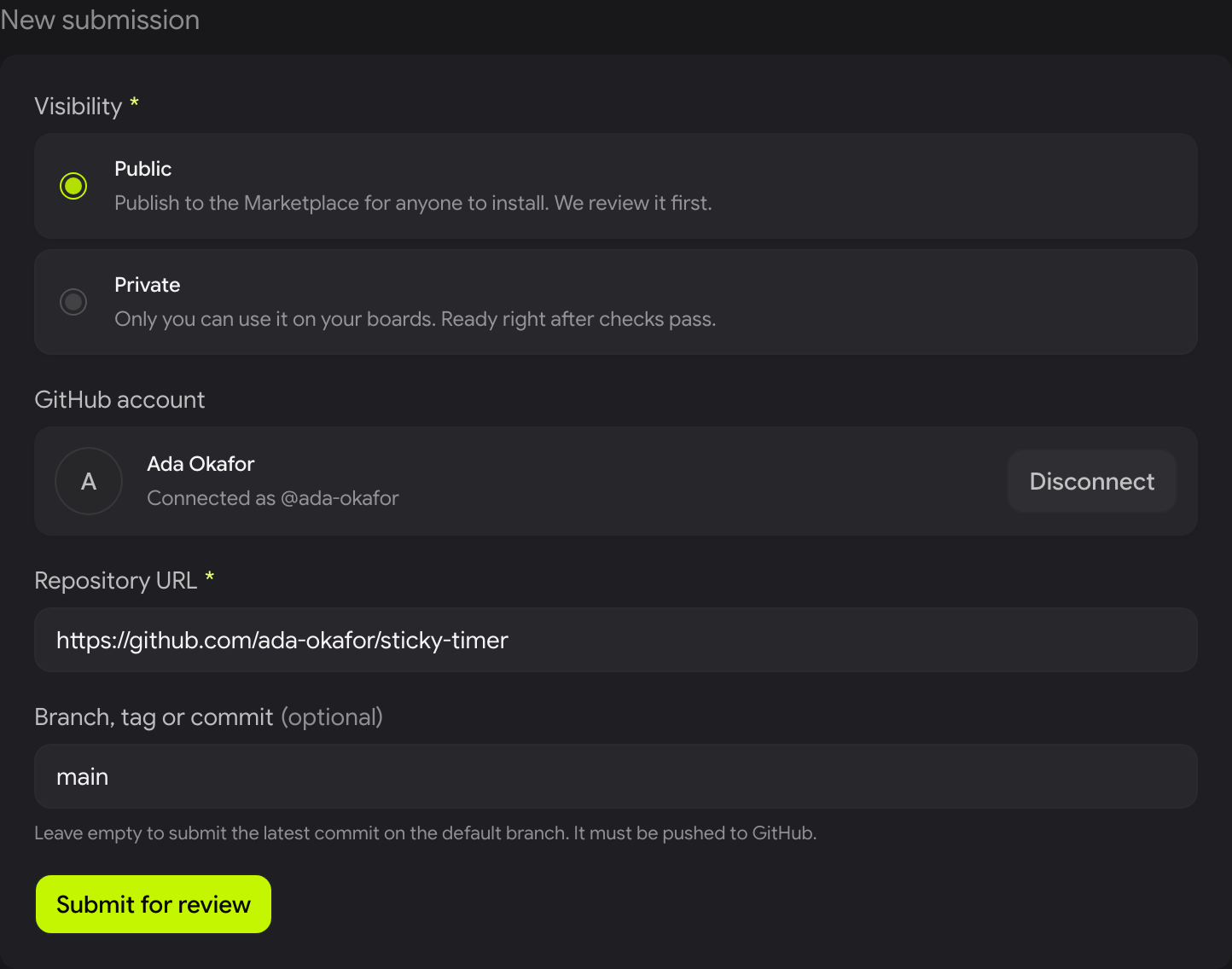The New submission form with GitHub connected as @ada-okafor, Repository URL https://github.com/ada-okafor/sticky-timer, branch main, and a Submit for review button.