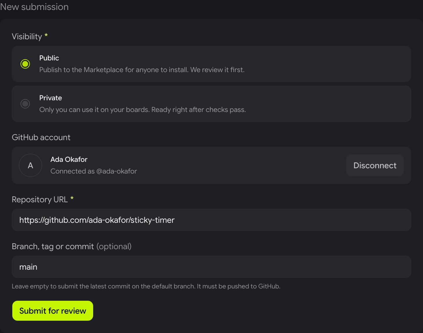 The New submission form with GitHub connected as @ada-okafor, Repository URL https://github.com/ada-okafor/sticky-timer, branch main, and a Submit for review button.
