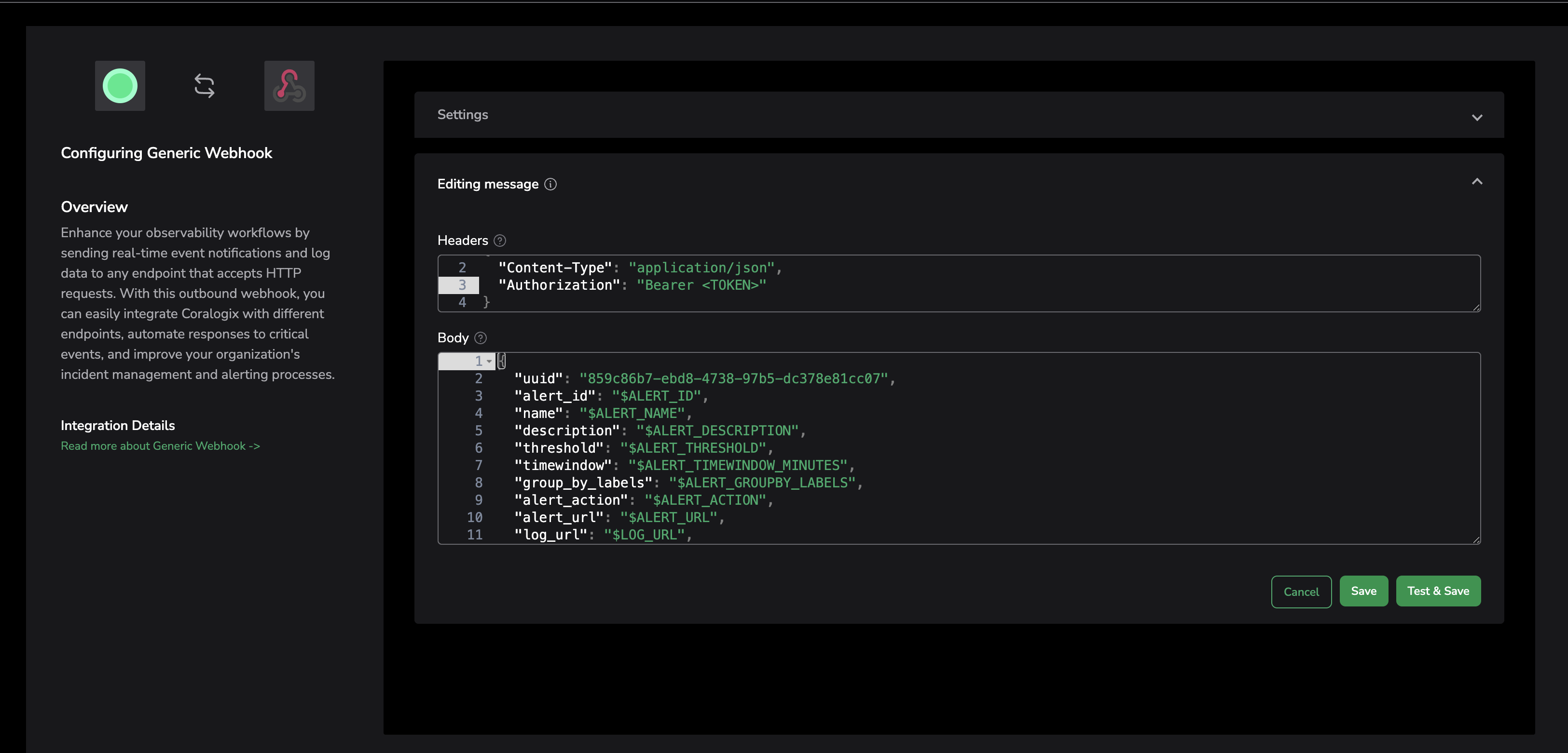 Coralogix Webhook Configuration