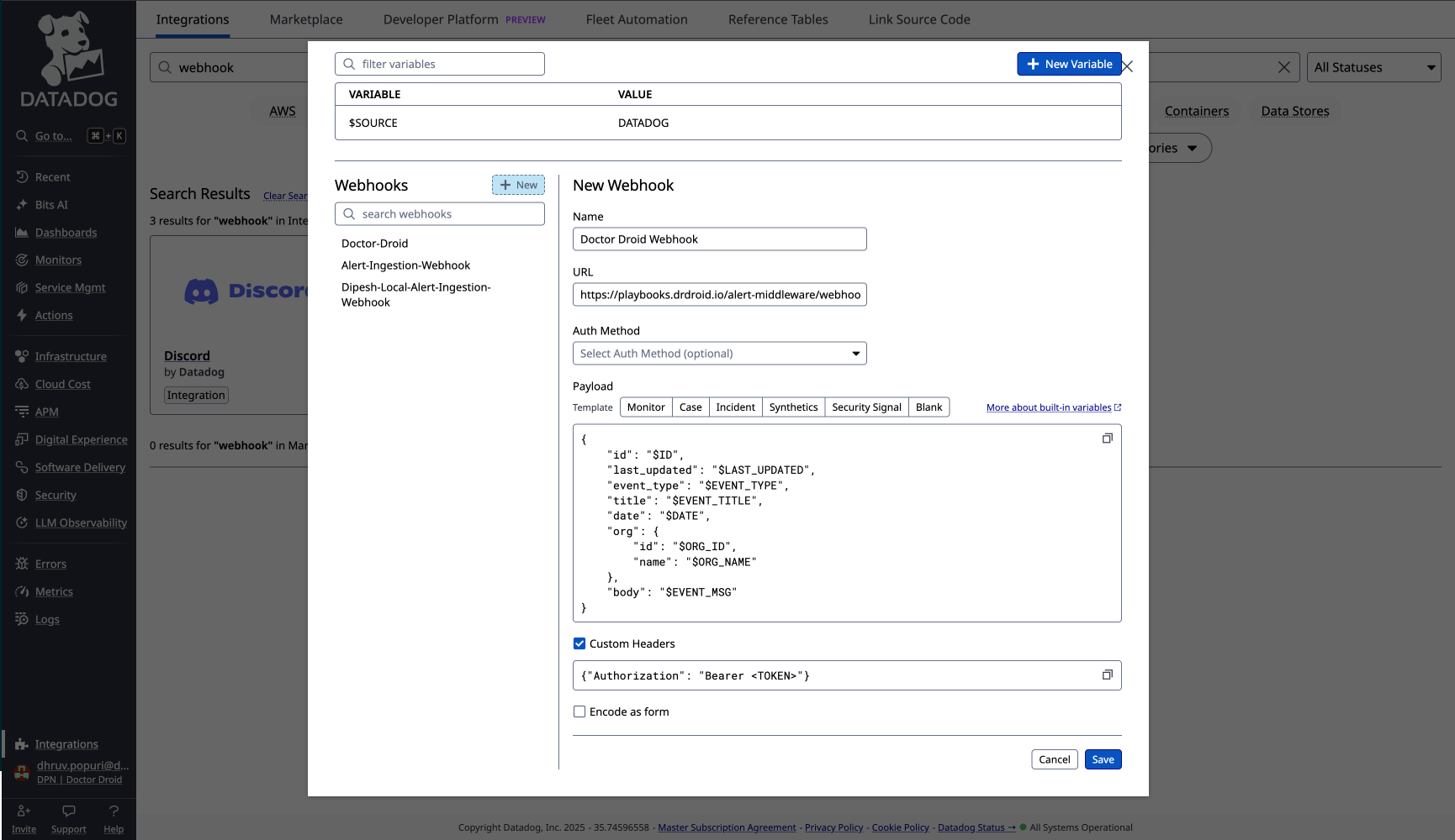 Datadog Webhook Configuration