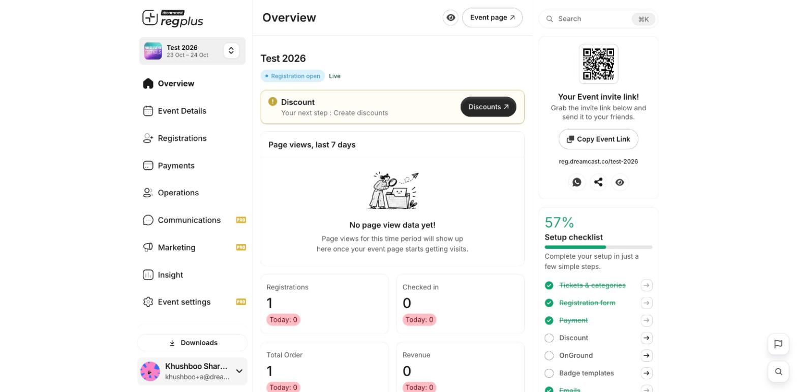 The event dashboard with the left menu, overview stats and the invite link and setup checklist