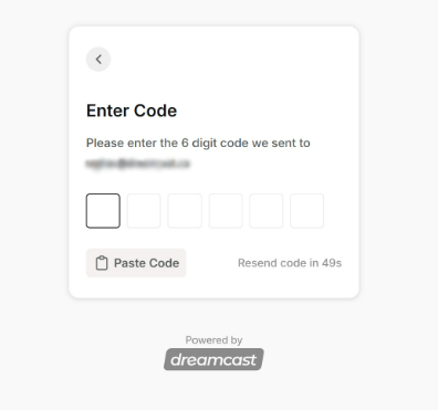 Screen asking for the 6-digit code sent to your email.