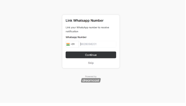 Screen asking you to link your WhatsApp number, with Continue and Skip options.