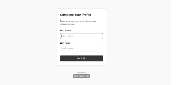 Profile form with first name and last name fields and a Let's go button.